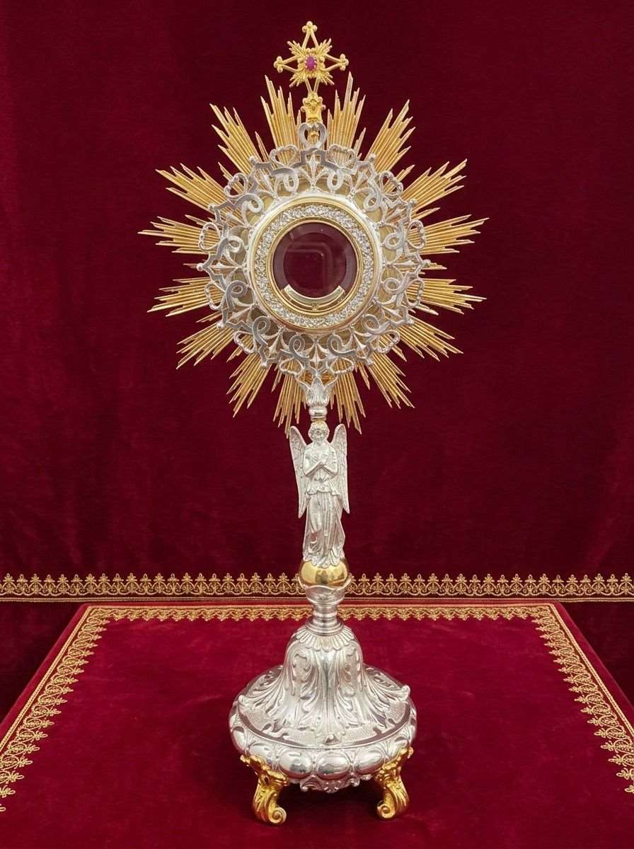 Custodia / Ostensorio en plata y plata sobredorada con ángel adorador (63 cm)