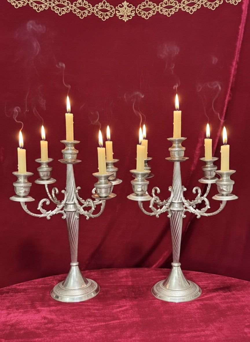Pareja de candelabros de cinco brazos plateados (41 cm)