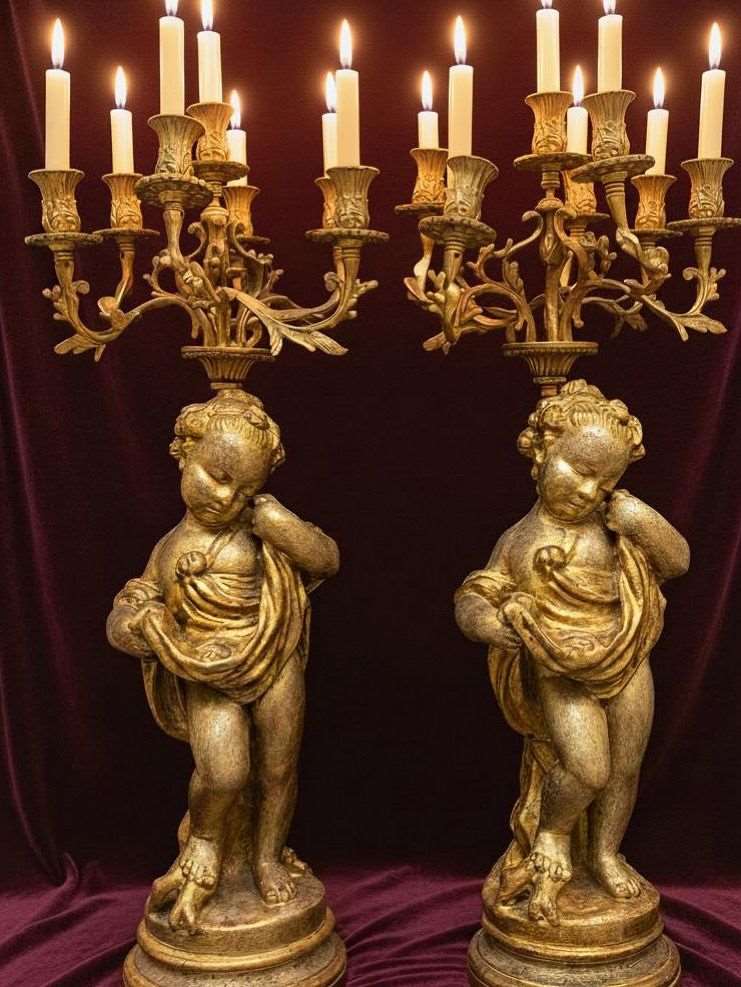 Pareja de candelabros monumentales con putti dorados italianos (74 cm)